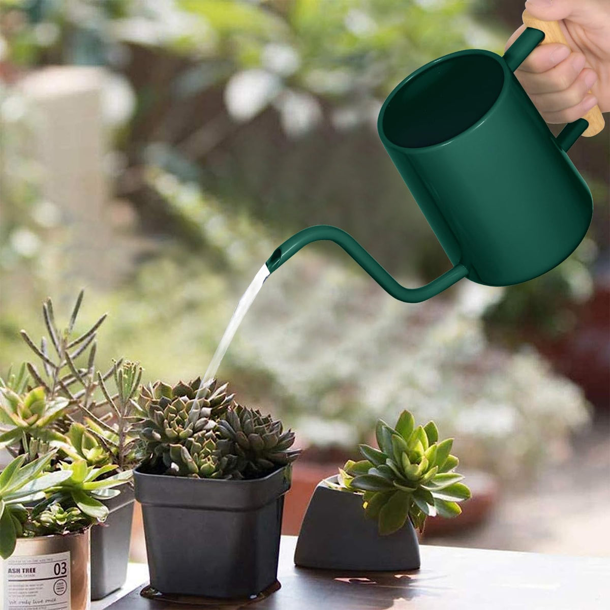 LTSUMI Alpinegreen wooden-handle watering can for comfortable use.