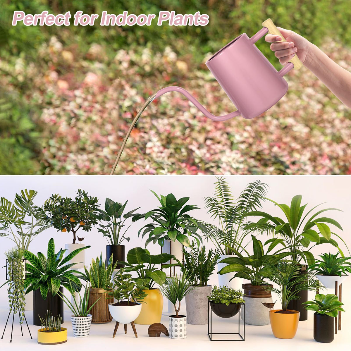 LTSUMI decorative pink metal watering can on plant stand