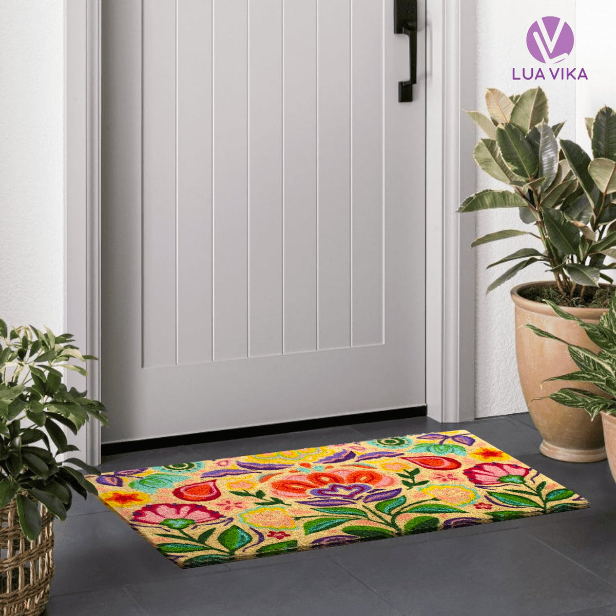 Lua Vika funny welcome mat adds curb appeal at entry.