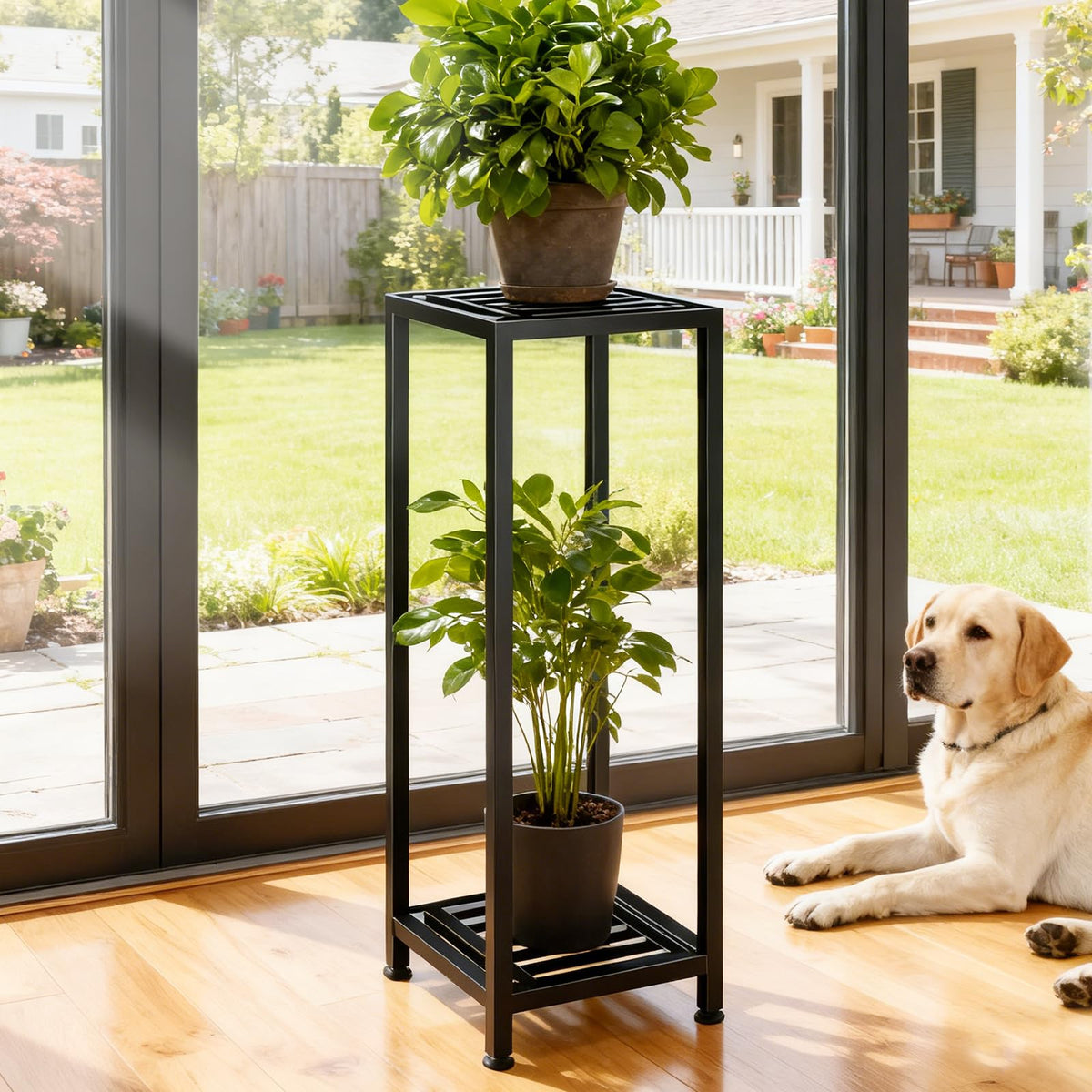 LUBORN plant stand angled side view highlights durable all-metal frame.