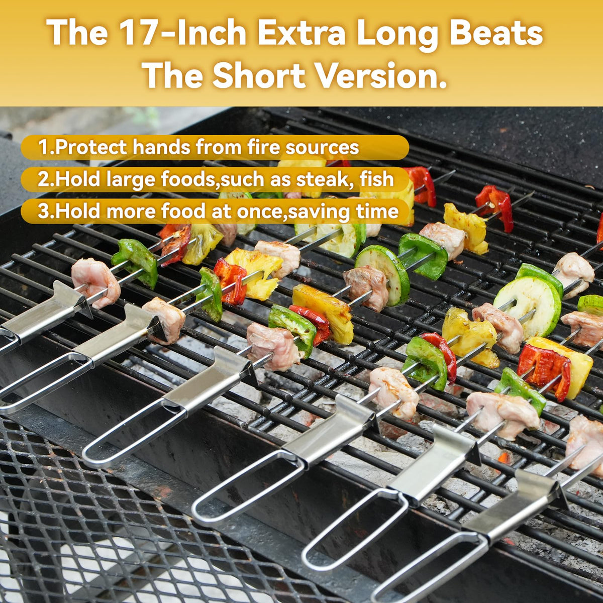 Lucalda 17-inch skewers fit most grills for versatile cooking.