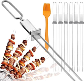 Lucalda push-bar slider skewers for easier food removal while grilling.