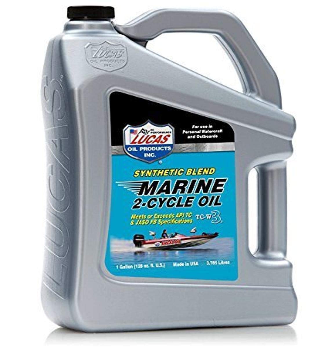 Lucas Oil 10861 bottle pour for marine engines showing the synthetic blend
