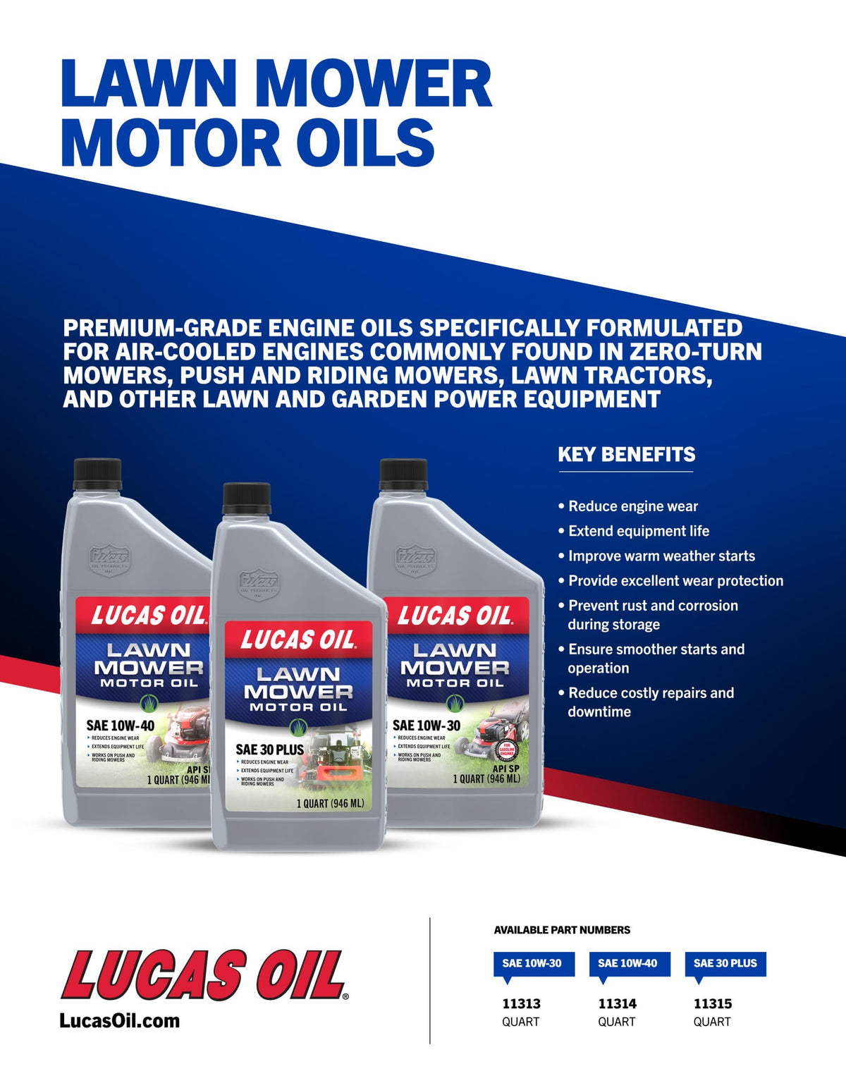 Lucas Oil 11315 lawn mower oil label emphasizes protection and cleanliness