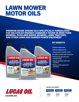 Lucas Oil 11315 lawn mower oil label emphasizes protection and cleanliness