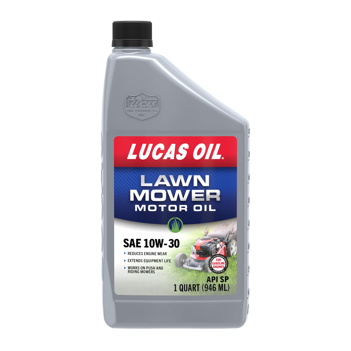 Lucas Oil lawn mower oil bottle image, promoting easier starts and smoother engine operation.
