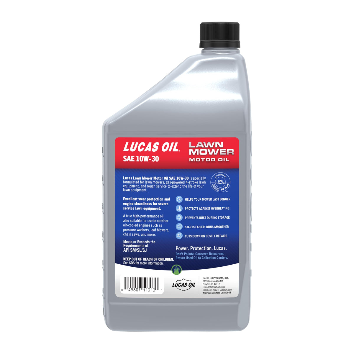 Lucas Oil lawn mower oil pour image, illustrating smooth flow for quick top-offs during maintenance.