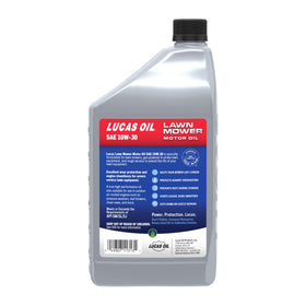 Lucas Oil lawn mower oil pour image, illustrating smooth flow for quick top-offs during maintenance.