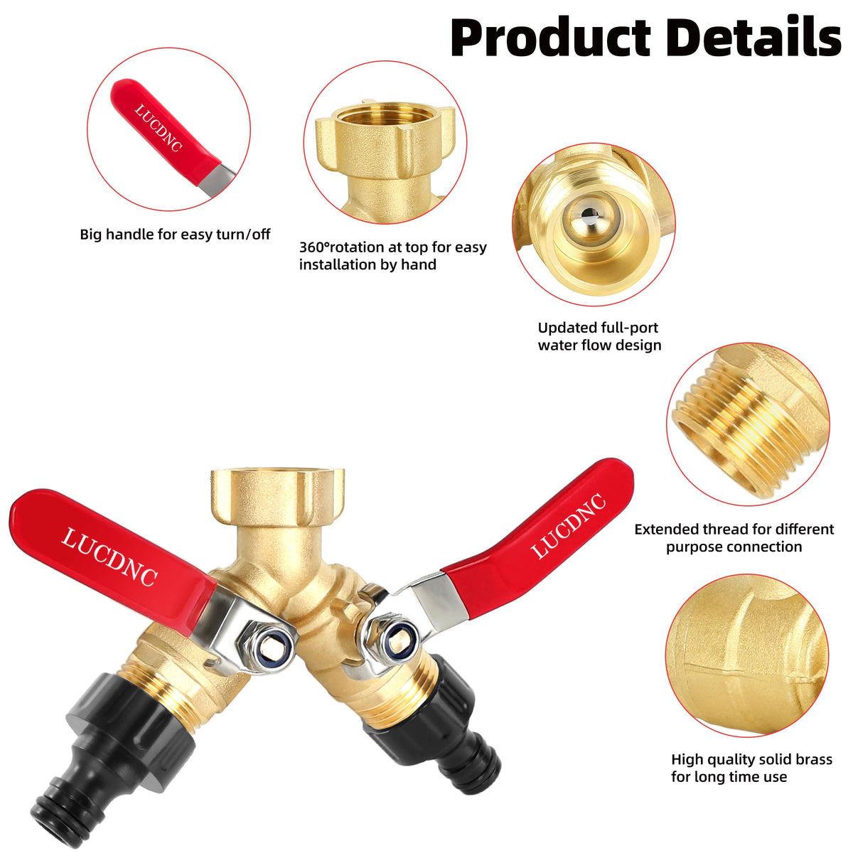 Lucdnc Brass hose splitter includes leak-proof washers for durable connections.