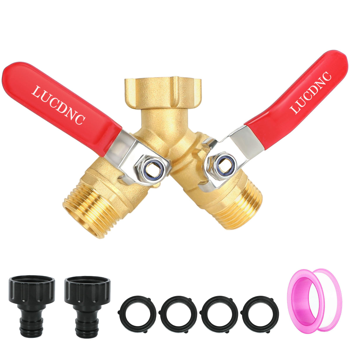 Lucdnc Upgrade Brass Hose Splitter with long handle enables easy two-way water control.