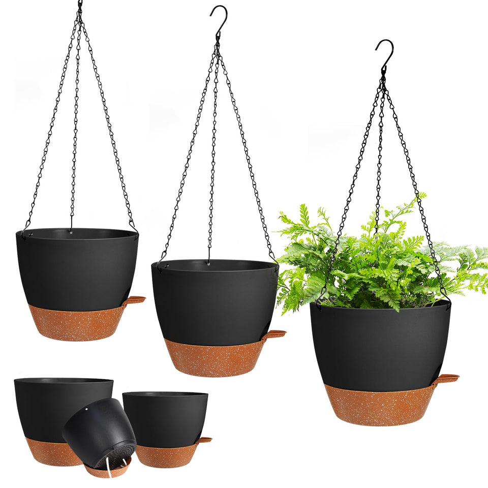 Lucieblessdesign 7-inch hanging planter in black with self-watering design for easy indoor display.