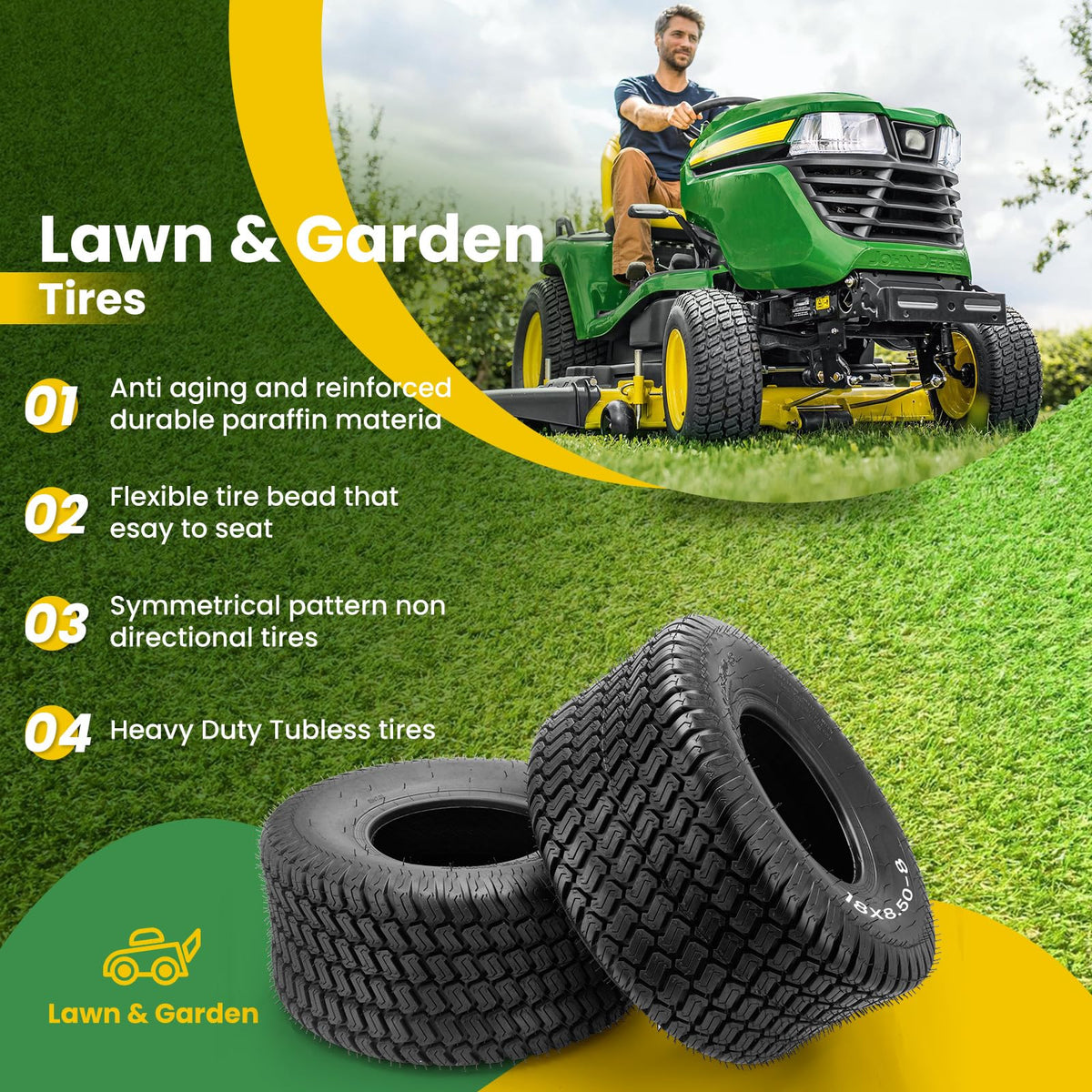 Lucky Seven 18x8.50-8 tire mounted on a zero-turn mower in action.