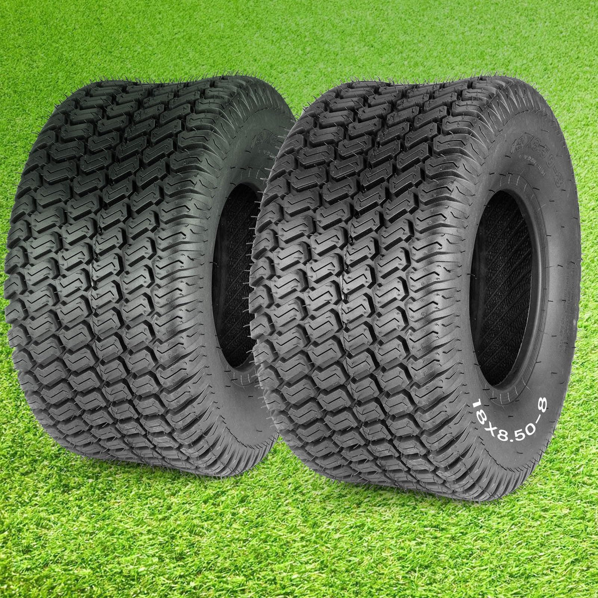 Lucky Seven 18x8.50-8 tire side view showing turf-friendly design and sturdy construction.