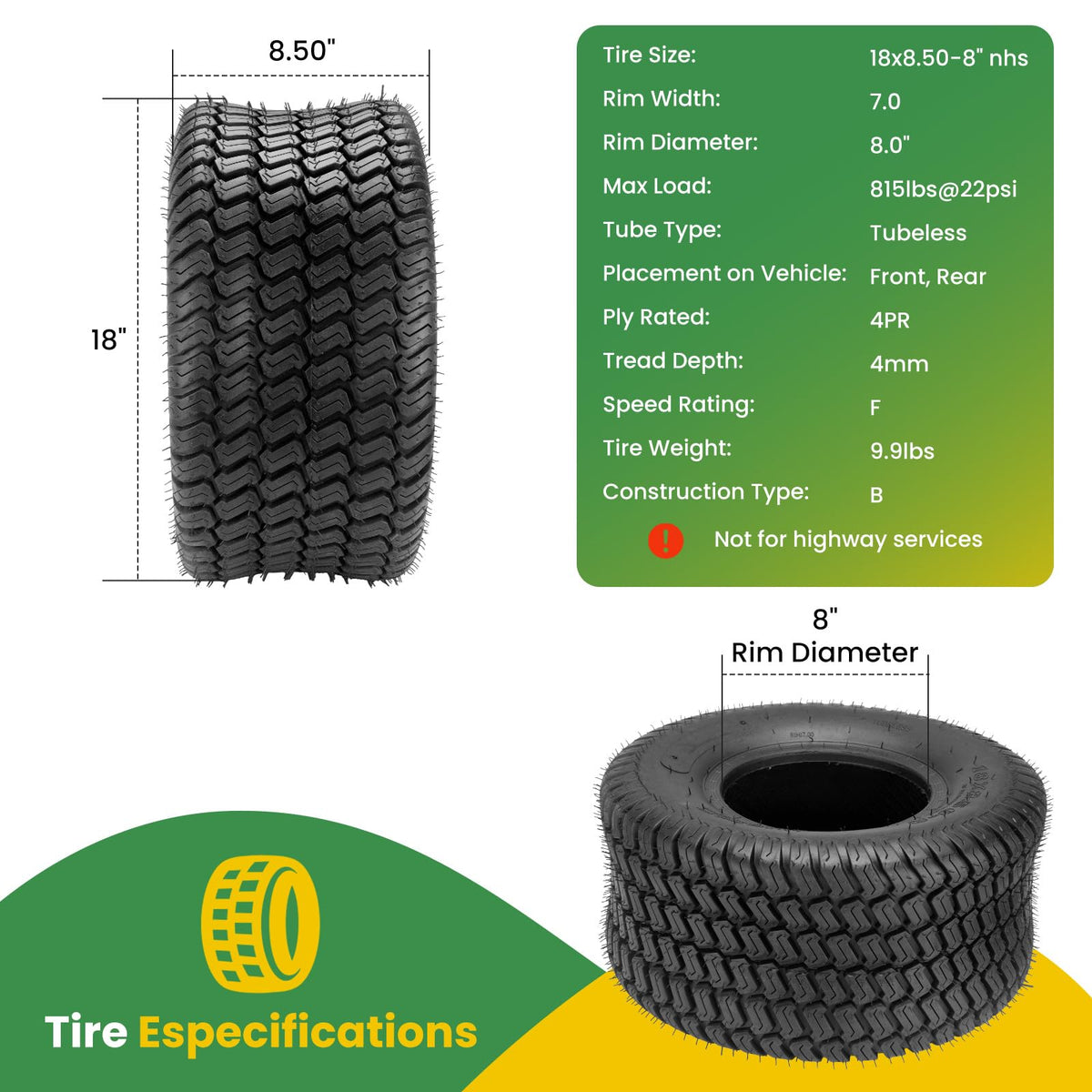 Lucky Seven 18x8.50-8 tubeless tire construction supports maintenance-free setup.