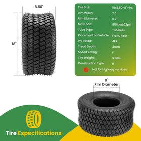 Lucky Seven 18x8.50-8 tubeless tire construction supports maintenance-free setup.