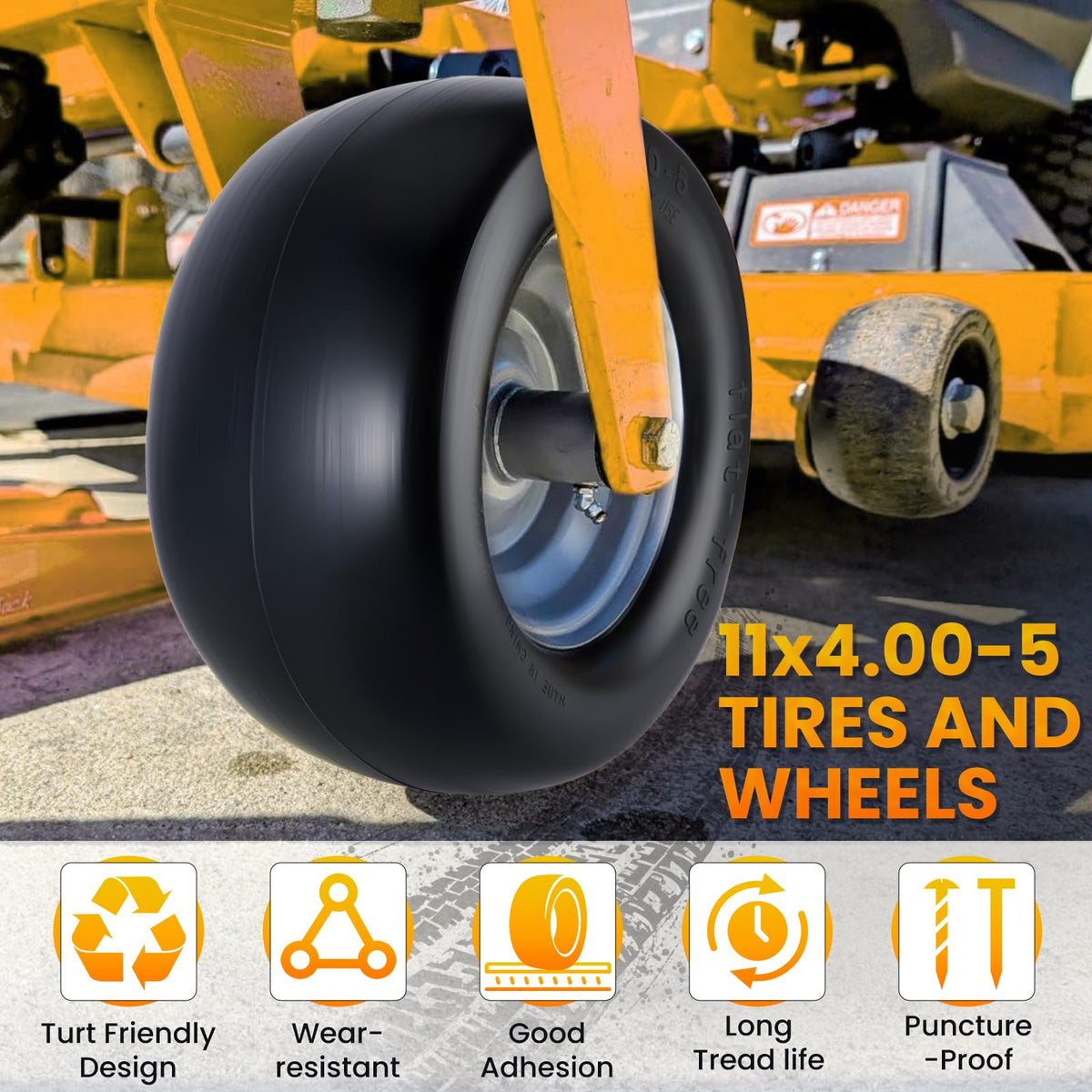Lucky Seven polyurethane-core tire resists punctures, reducing maintenance.