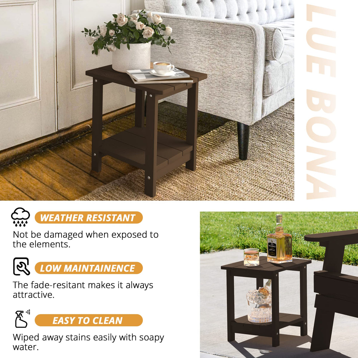LUE BONA compact 13-inch diameter fits beside chairs without crowding