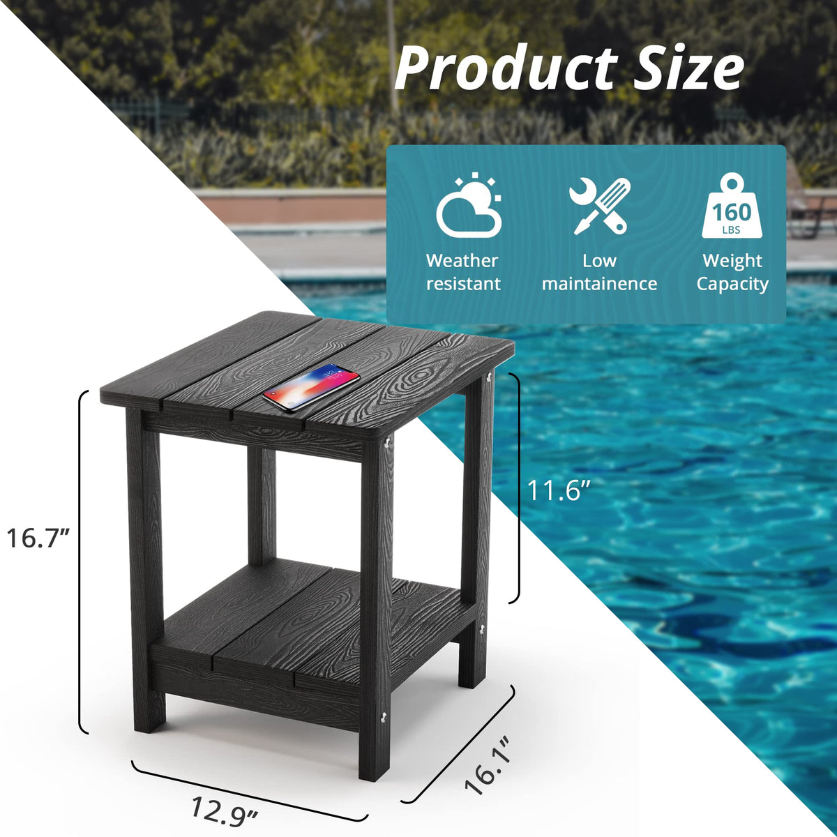 LUE BONA black outdoor table pairs with Adirondack chairs