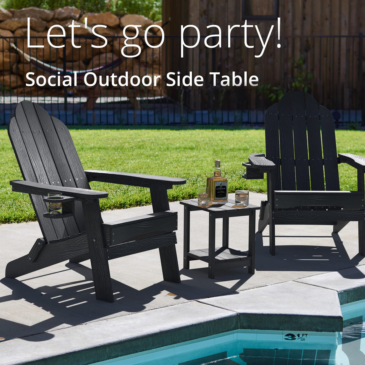 LUE BONA versatile indoor/outdoor end table beside Adirondack chairs
