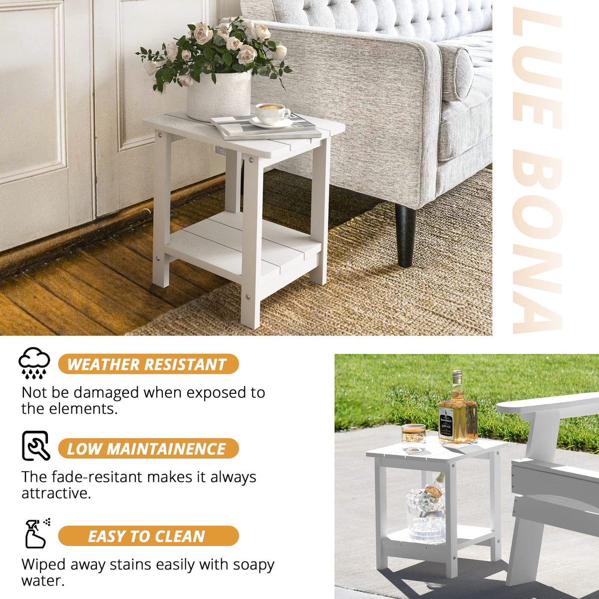 LUE BONA Adirondack side table clapboard top drains rainwater.