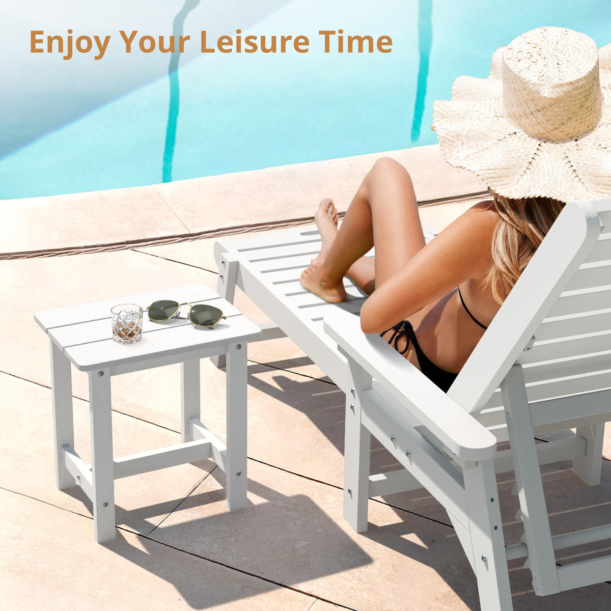 LUE BONA side table next to Adirondack chairs for convenient drinks and snacks.