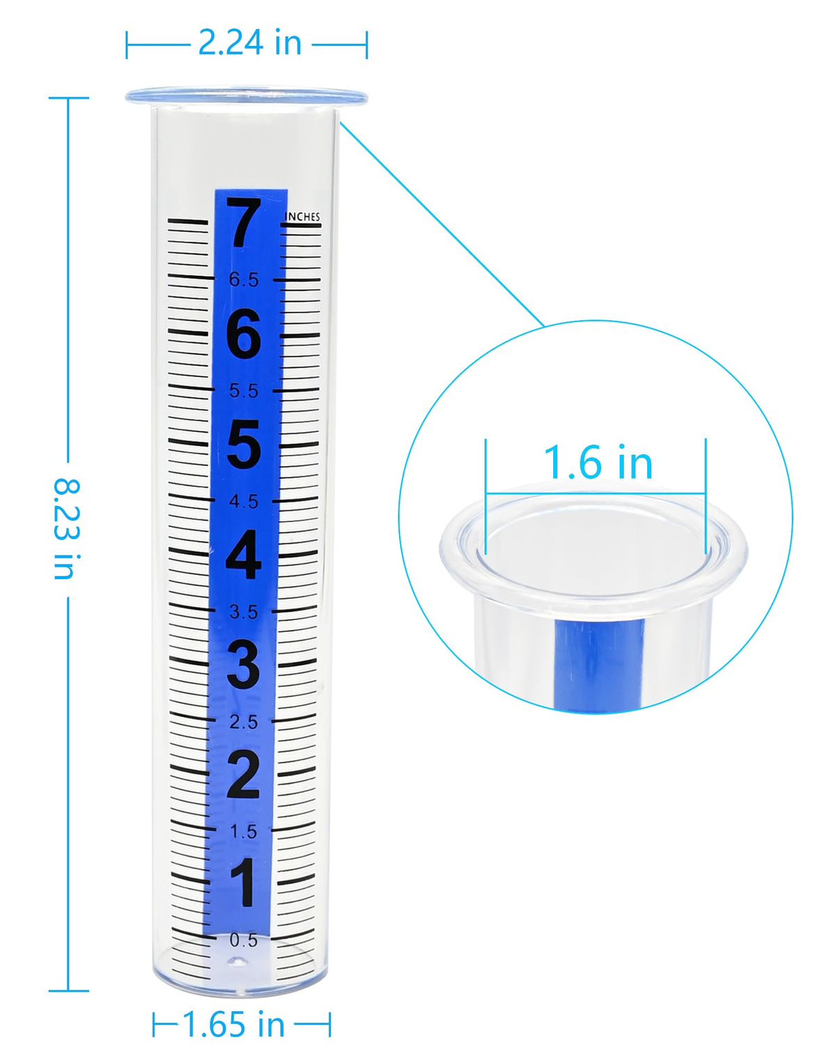 Lueudu rain gauge with blue readability strip improves visibility from a distance.