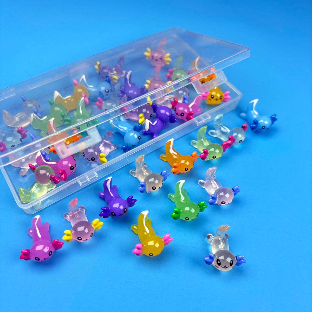 Lugailly non-luminous axolotls paired with luminous ones for varied display.