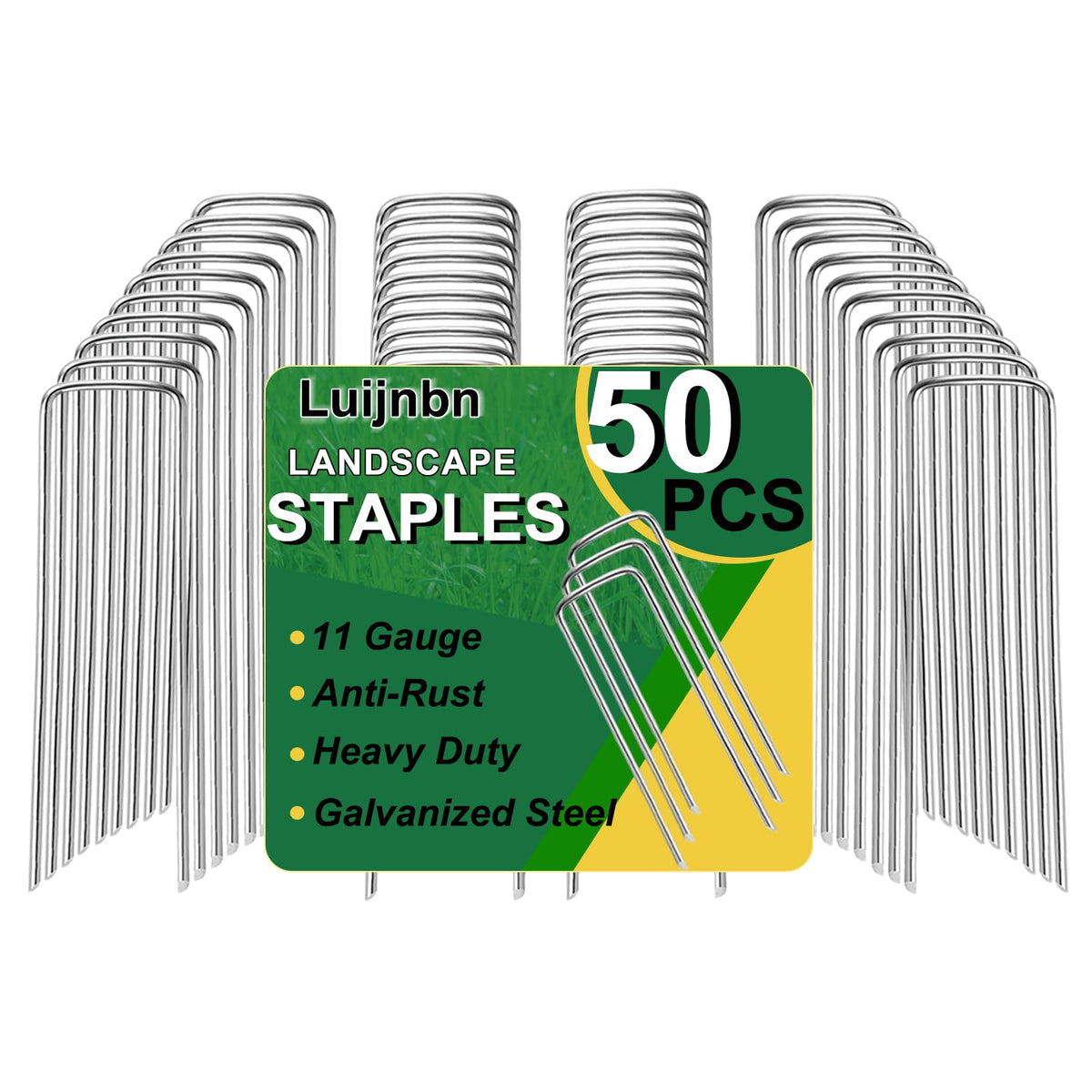 Luijnbn lawn staples 5-inch 11-gauge securely anchor weed barriers and sod.