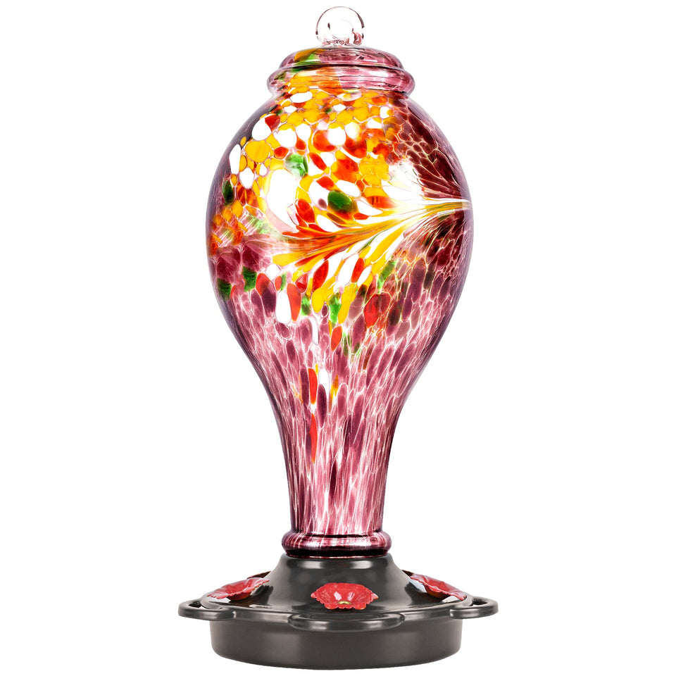 LUJII hand-blown purple glass hummingbird feeder shows nectar levels for easy viewing.