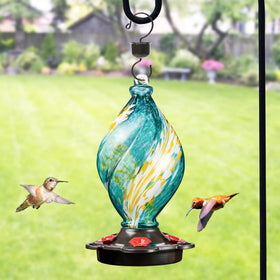 LUJII hand blown glass hummingbird feeder showcases craftsmanship for backyard charm.