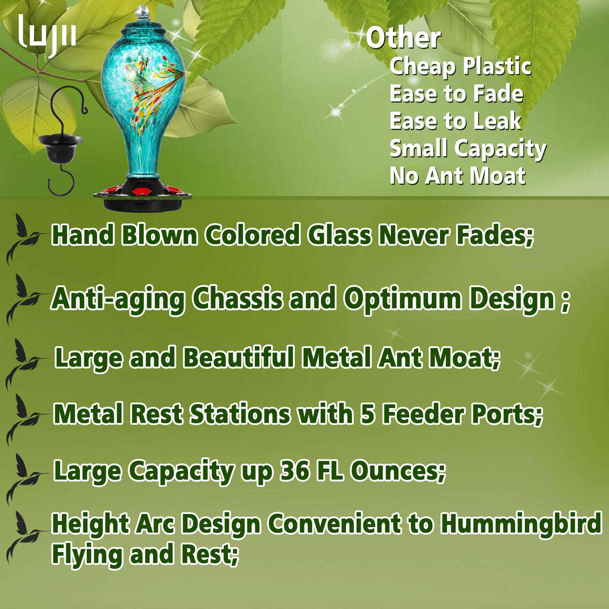 LUJII feeder includes an ant moat to protect nectar outdoors