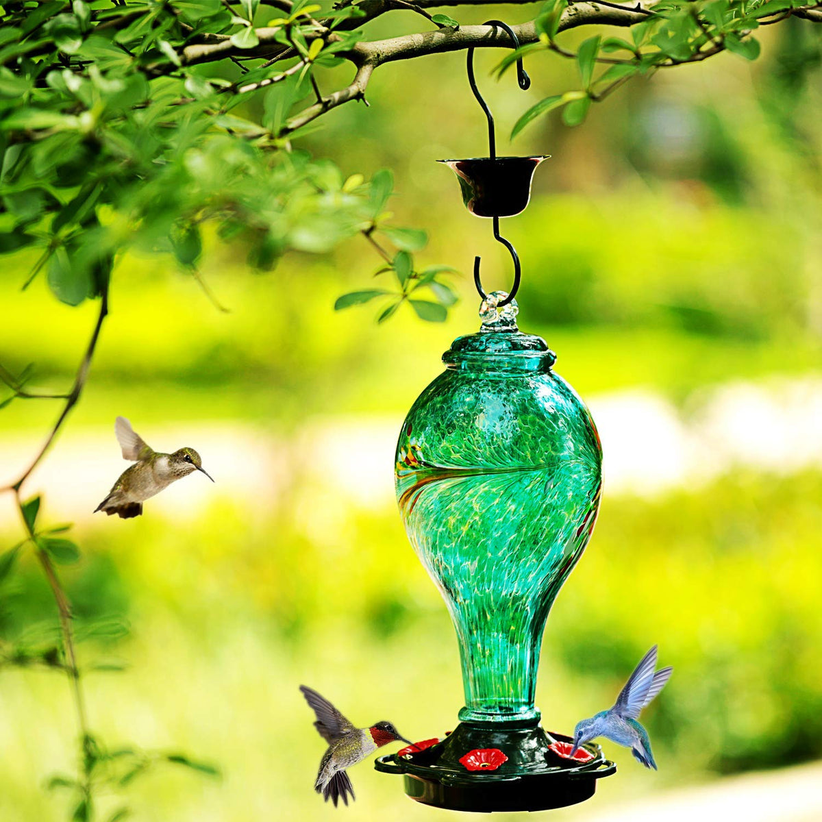 LUJII blue glass feeder with five ports simplifies nectar feeding