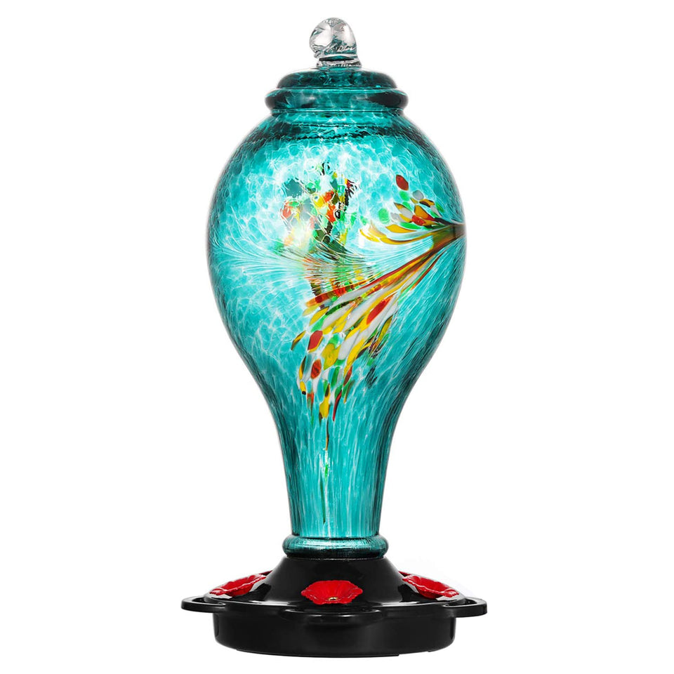 LUJII hummingbird feeder with blue hand-blown glass attracts yard birds