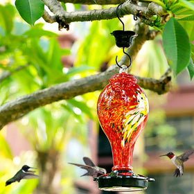 LUJII red five-port glass feeder enhances outdoor garden activity.