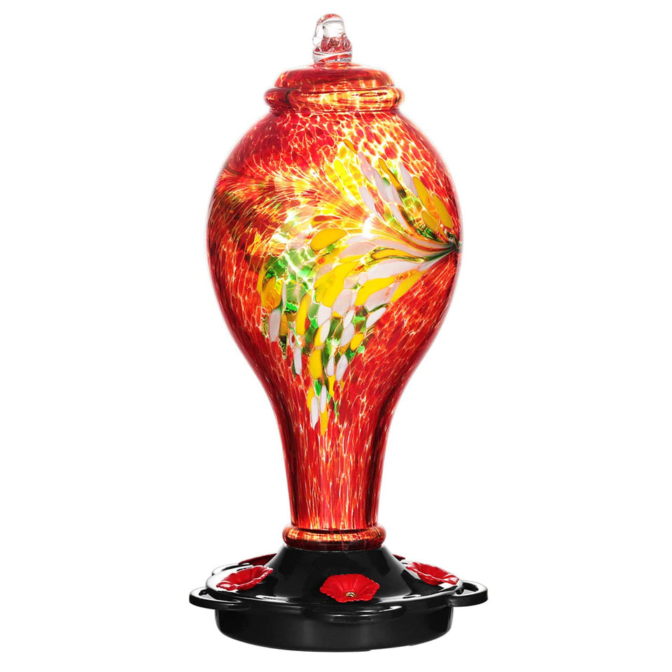 LUJII red handblown glass hummingbird feeder with five ports attracts more hummingbirds.