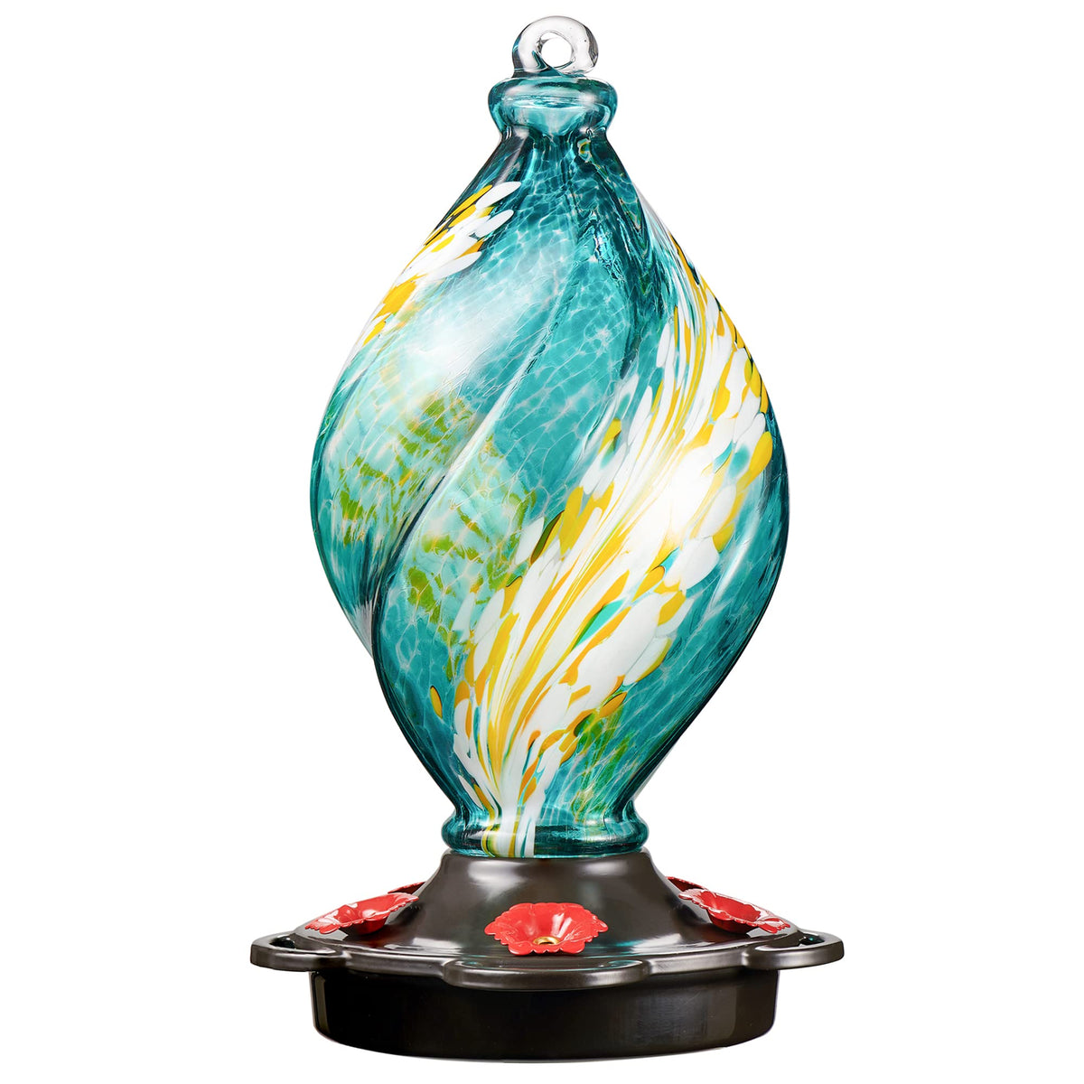 LUJII ice cream spiral feeder in teal attracts hummingbirds with sparkling glass artistry.