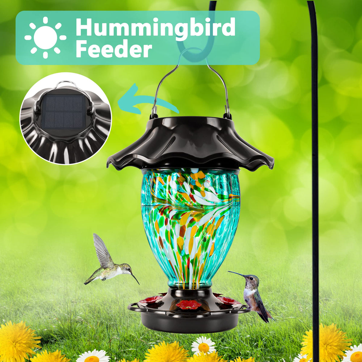 LUJII solar-powered design lights up at night, inviting visiting hummingbirds.