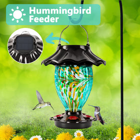LUJII solar-powered design lights up at night, inviting visiting hummingbirds.