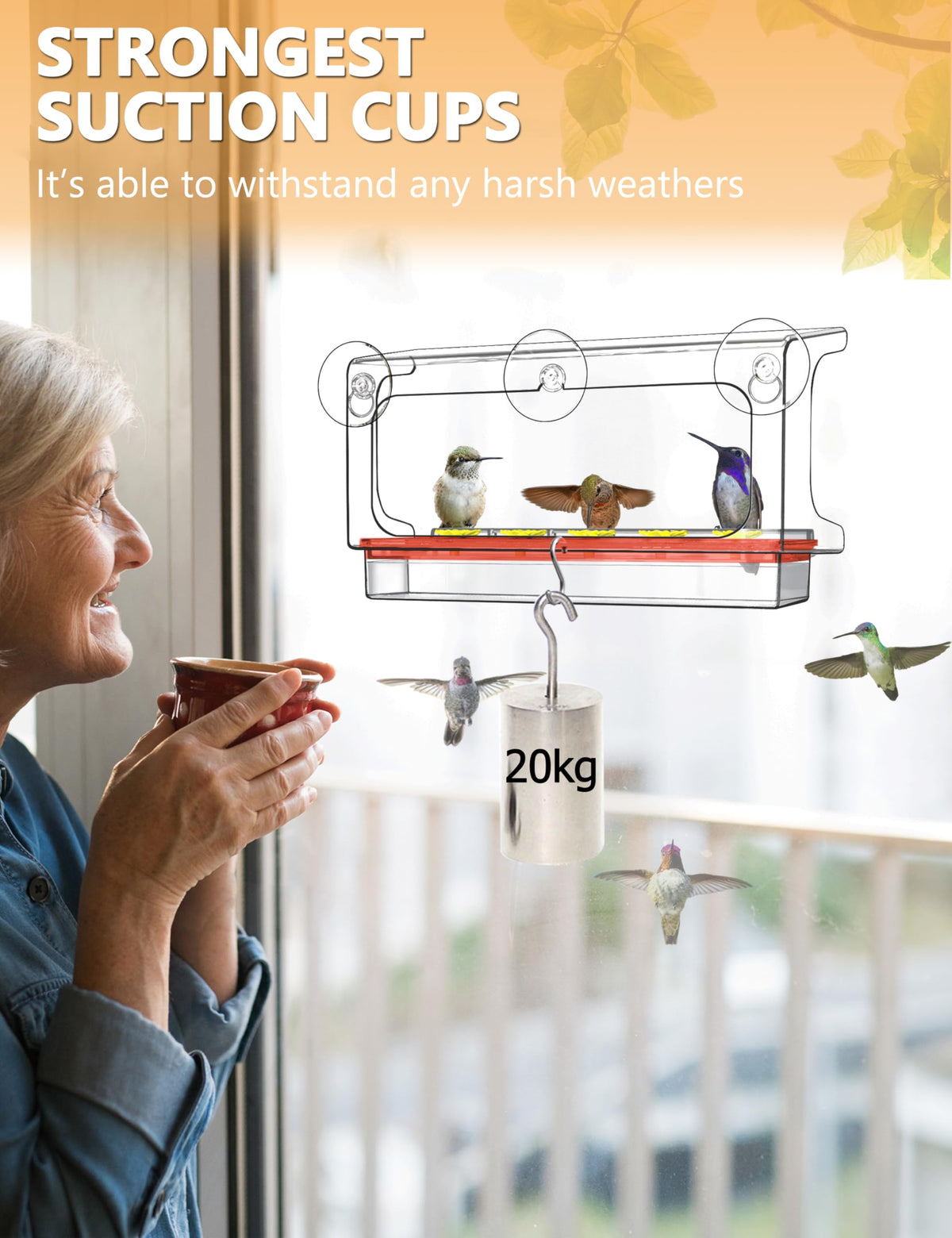 LUJII window feeder with lift-out tray for easy indoor cleaning and refilling.