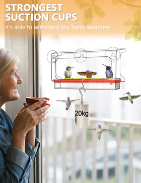 LUJII window feeder with lift-out tray for easy indoor cleaning and refilling.