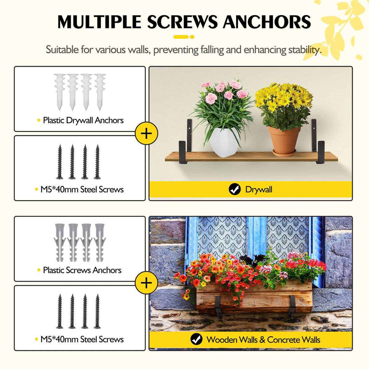 LukLoy brackets mount on wood, brick, or gypsum walls for versatile setups.