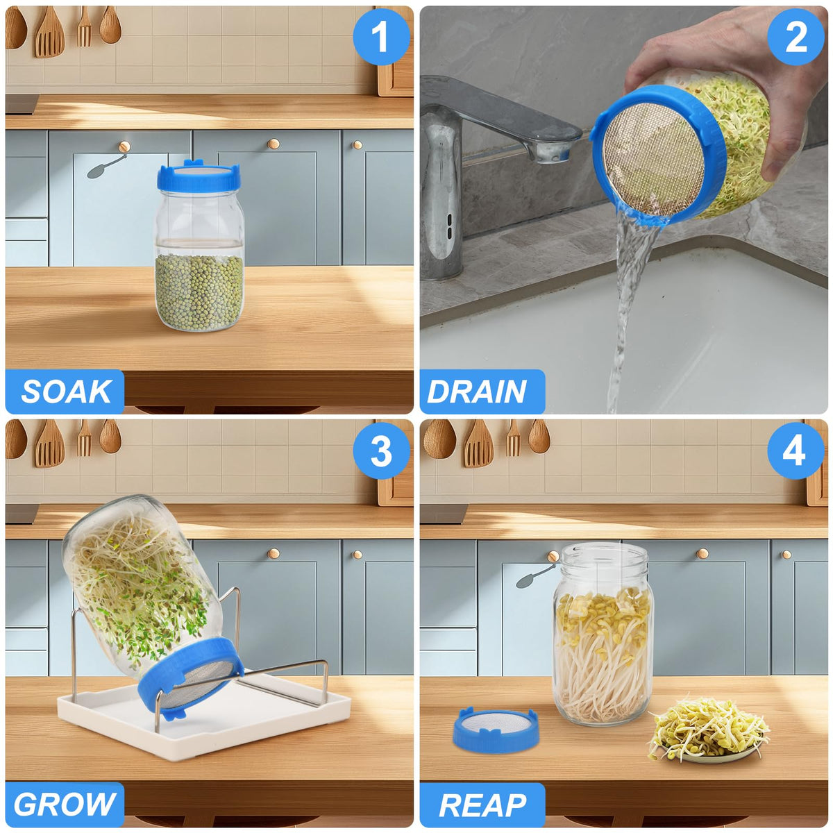 Lulonpon sprouting kit stainless steel lids provide durable, food-safe germination
