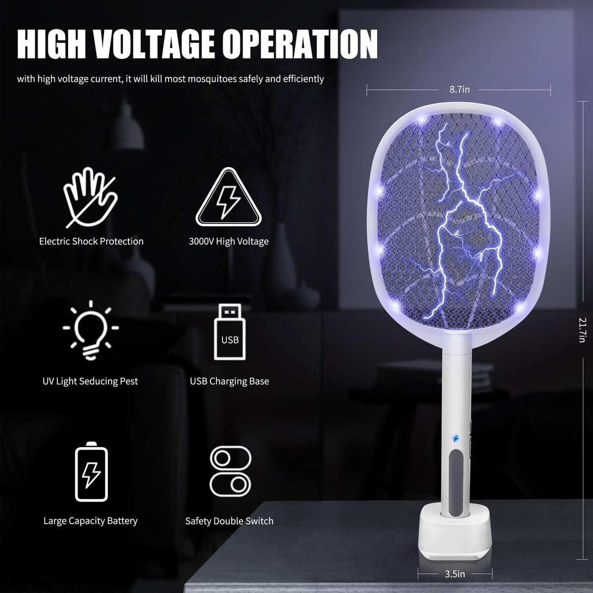 Lulu Home bug-zapper-racket auto-mode with blue indicator for hands-free operation.