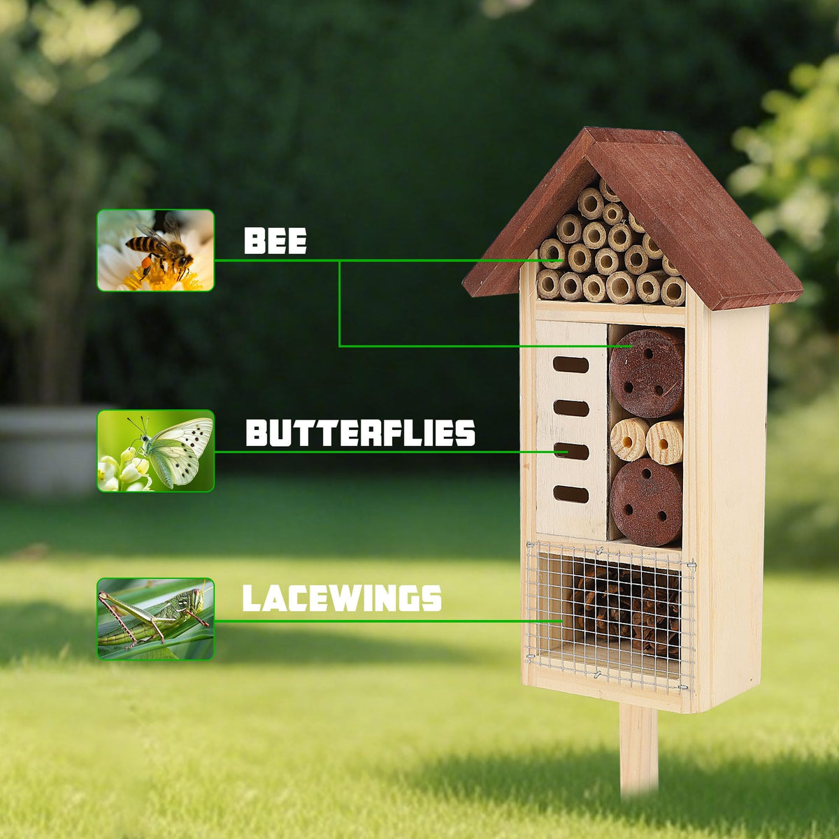 Lulu Home wooden insect house attracts bees and butterflies in your garden.