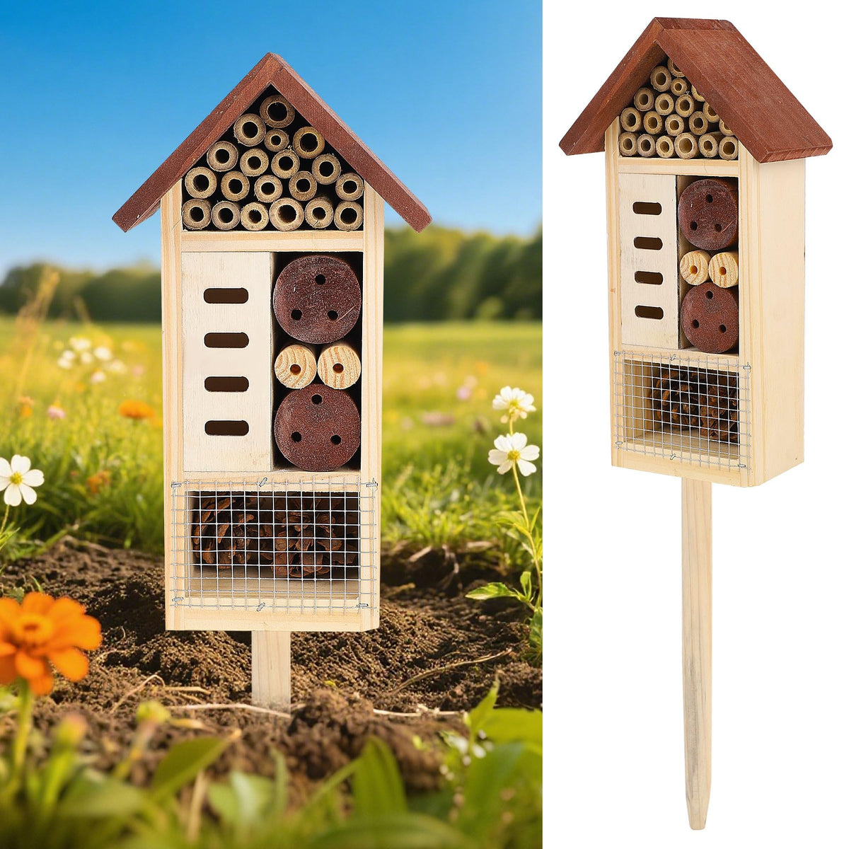 Lulu Home insect house with stake; durable wood for year-round garden habitat.