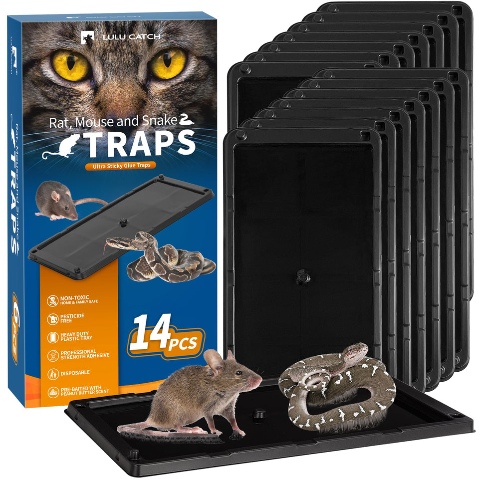 LULUCATCH glue trap for mice in a 14-pack, pre-baited and ready to capture pests.