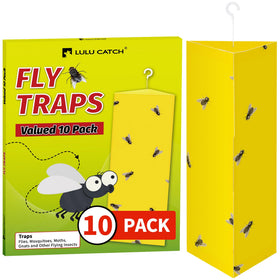 LULUCATCH sticky fly trap 10-pack with hanging hook for easy ceiling placement and control