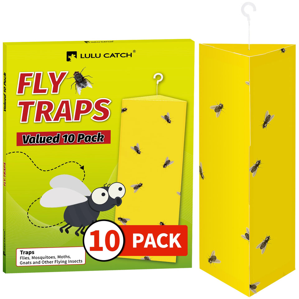 LULUCATCH sticky fly trap 10-pack with hanging hook for easy ceiling placement and control