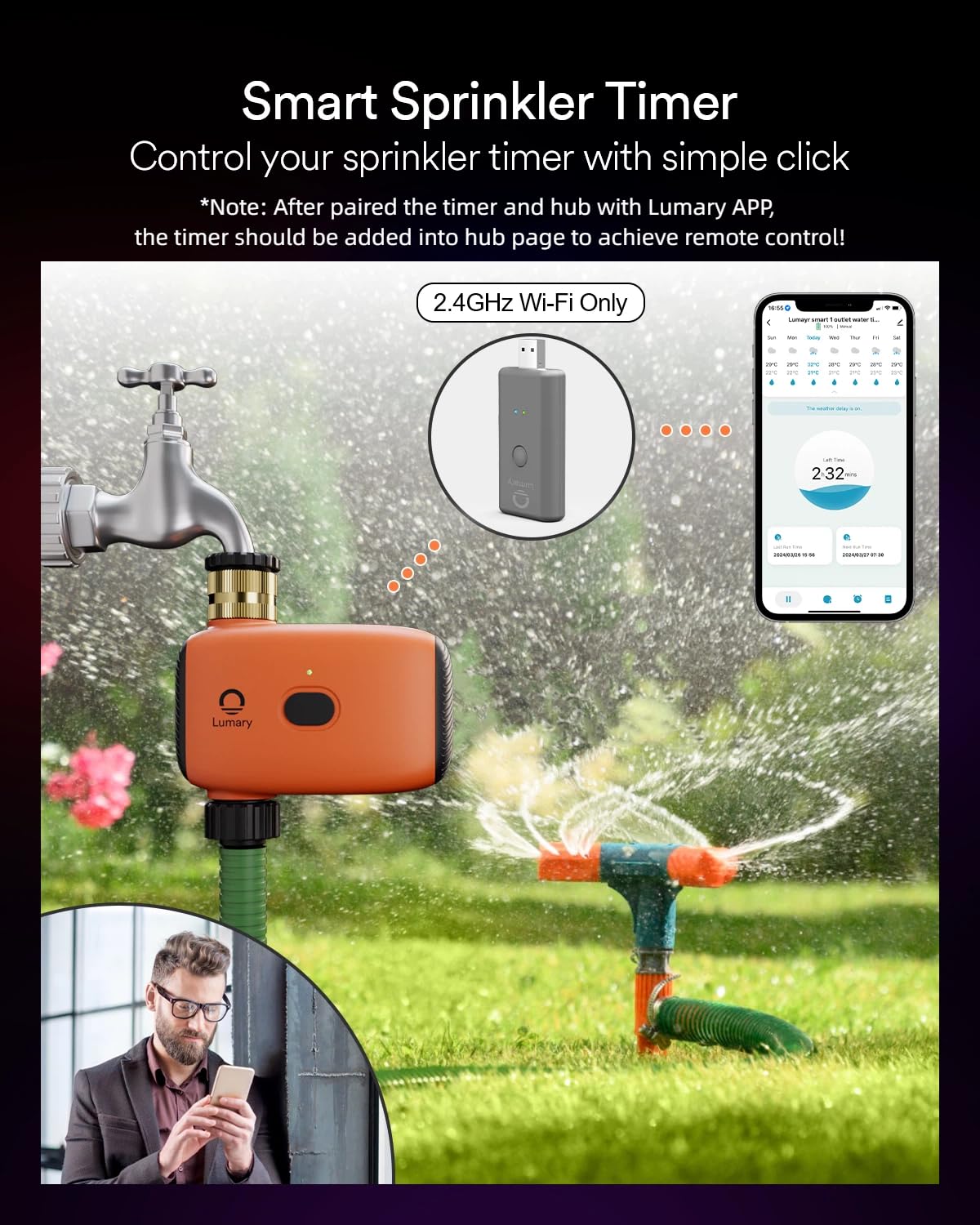 Lumary timer shows rain-delay function for water-saving in wet weather.