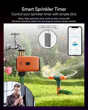 Lumary timer shows rain-delay function for water-saving in wet weather.